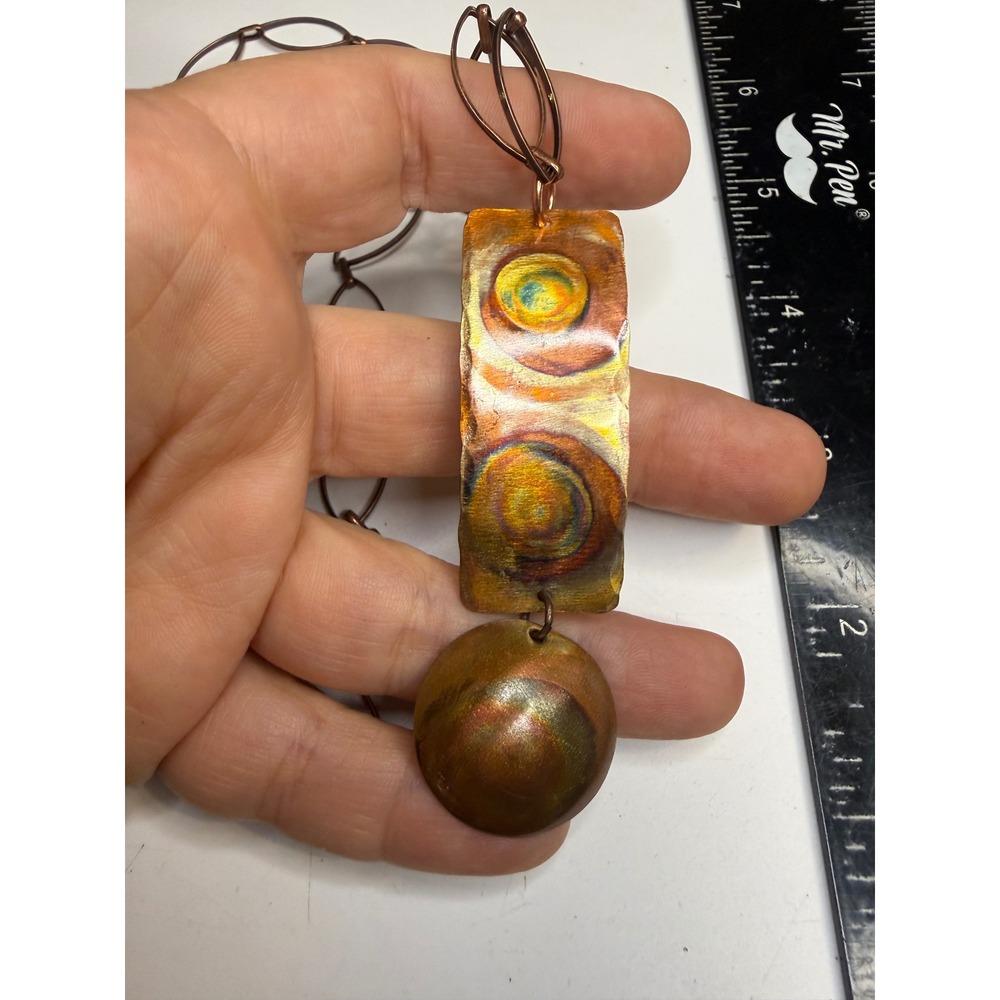 Handmade Artisan Flame Painted Copper Pendant Necklace Iridescent Patina 20 In